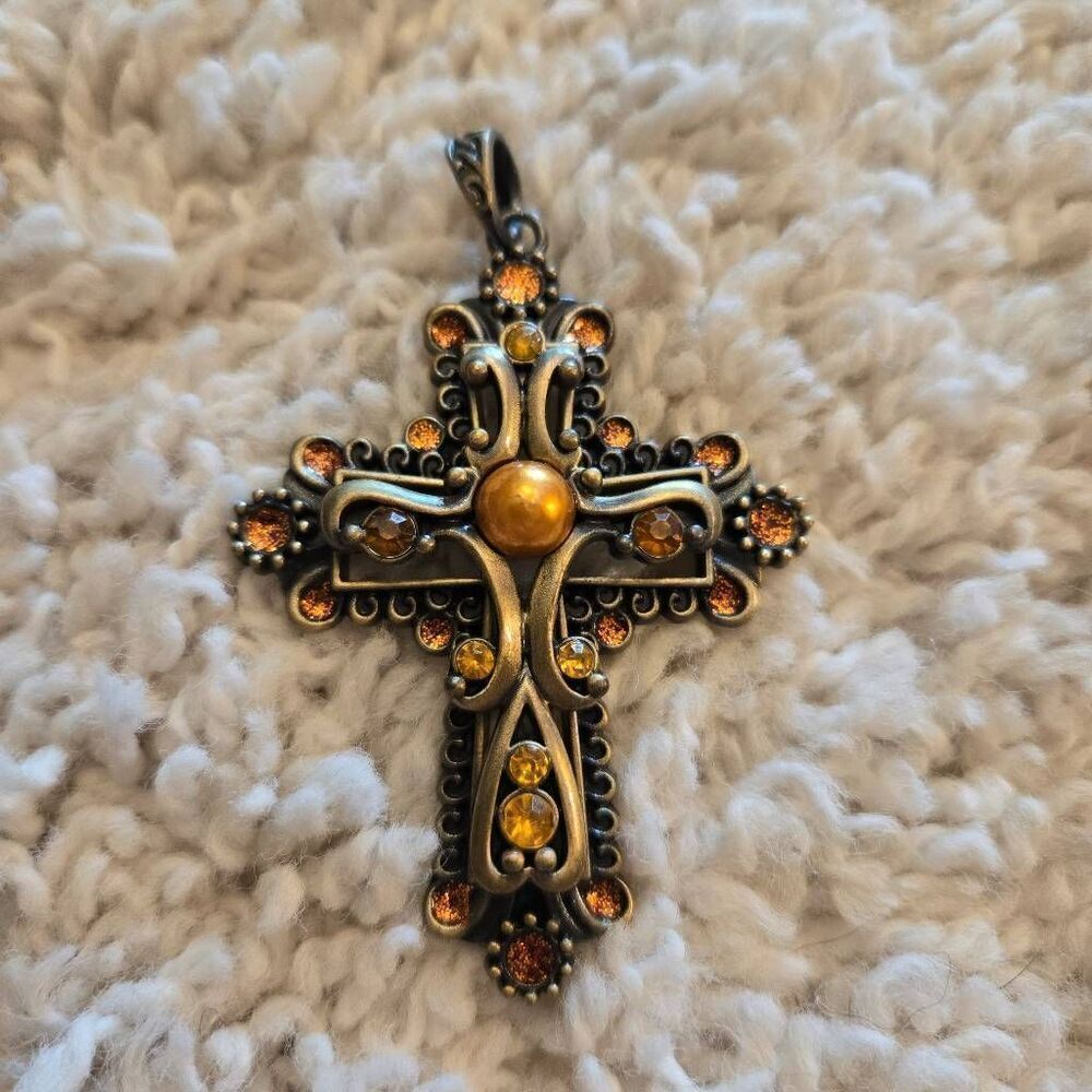 Antique Gold Rhinestone Pearl Pendant NEW